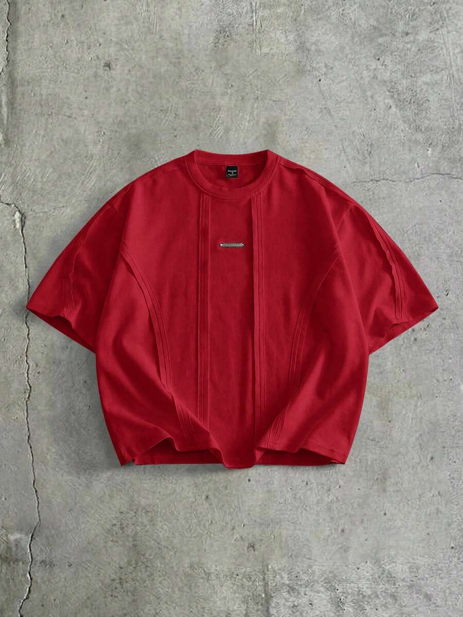 AXEPEAK Men's Casual Standard Size Black T-Shirt With Contrast Rib Knit Crew Neck, Summer - Red - View 1