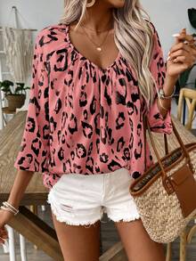 EMERY ROSE Women's Leopard Print Bohemian Style V-Neck Ruched Loose Blouse - Pink - View 6