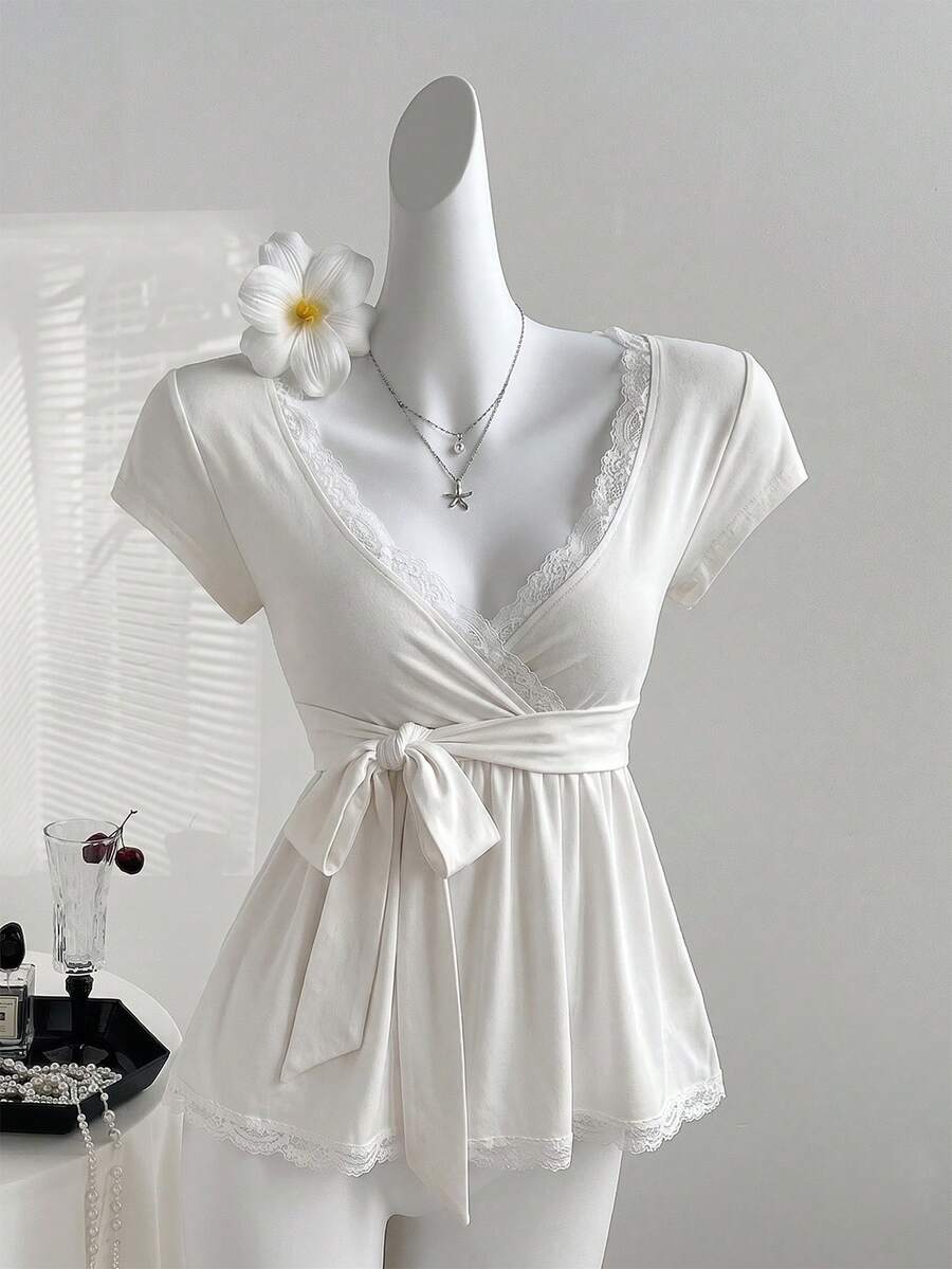 Sweetra Y2K Lace Trim Vacation Sweet Slim Fit T-Shirt - White - View 1
