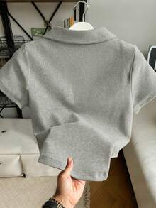 Women's Casual Minimalist Double Zipper Short Sleeve Top, Summer - Light Grey - View 2