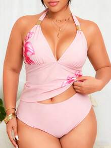 Swim Lushoire Set Bikini Seksi Tanpa Punggung Motif Leopard Leher Halter untuk Wanita Ukuran Besar, Pakaian Renang Dua Potong - Baby Pink - View 1