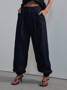 Hauture Pantalón de mezclilla con pierna globo y puño con botones para mujer, uso moderno y sexy para la oficina - Azul lavado oscuro - Ver 5