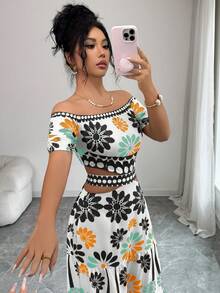Elenzga Women's Summer Vacation Floral Print Off-Shoulder Hollow Out Dress - Pale Yellow - View 3