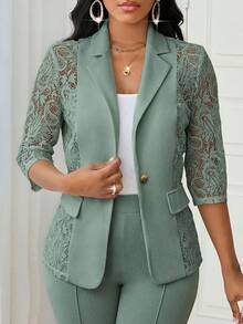 SHEIN Lady 四季白色西装女装外套蕾丝拼接优雅套装秋冬服装优雅女装白色薄荷绿裤子女装纯色金属纽扣装饰优雅九分裤秋季女装大码人造皮草外套 - 薄荷綠 - 查看 5