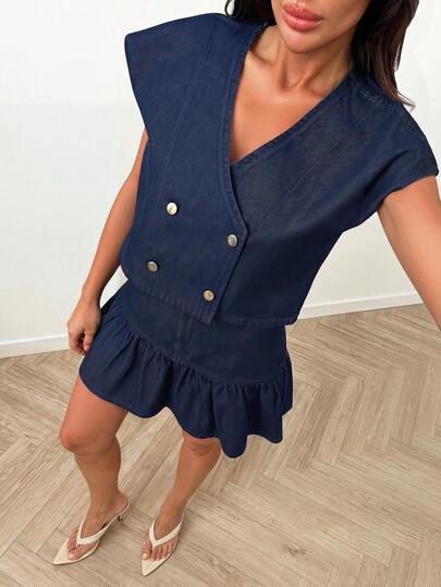 SHEIN 100% Cotton Shirt & High Waist Skirt Raw Wash Denim Two Pieces Set