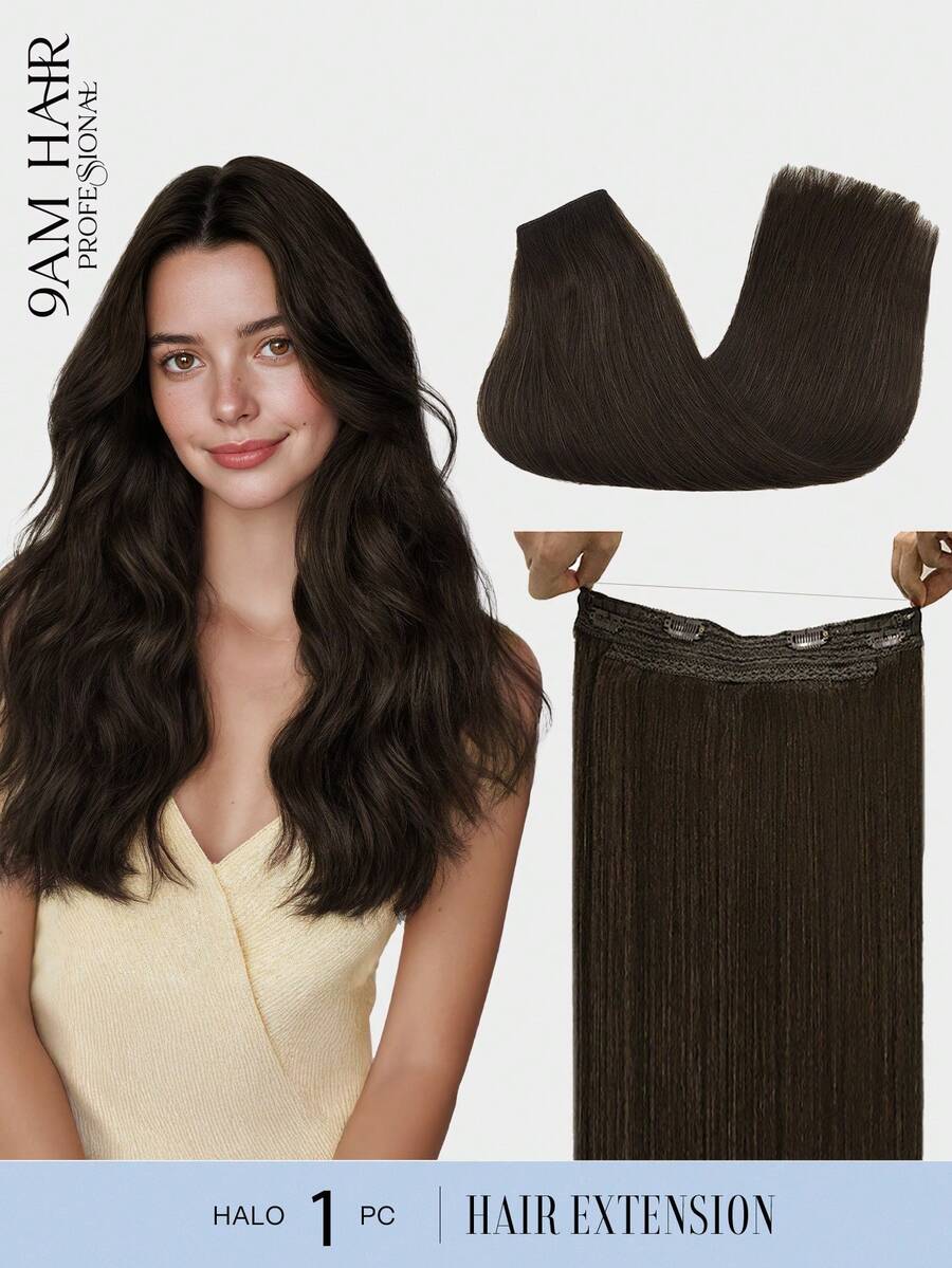 Extensiones de cabello con halo de cabello humano 100% real, extensiones de cabello sin costuras con cable, 12-16 pulgadas, color marrón claro, suave al tacto, con clips, extensiones de cabello Remy - S2A - Ver 1