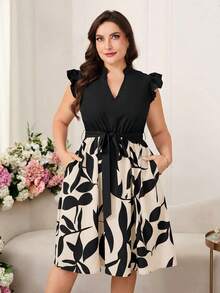 SHEIN Clasi Plus Graphic Print Notched Neckline Ruffle Trim Belted Dress - Apricot - View 1