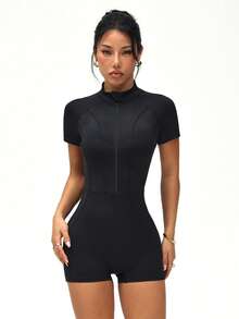 Easithlete Easithlete Solid Color Zipper Fitted Short Sleeve Sports Jumpsuit - Black - View 5