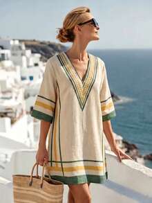 SHEIN Holidaya Đầm nữ kẻ sọc cổ chữ V không tay dáng rộng thoải mái - Nhiều màu - Xem 3