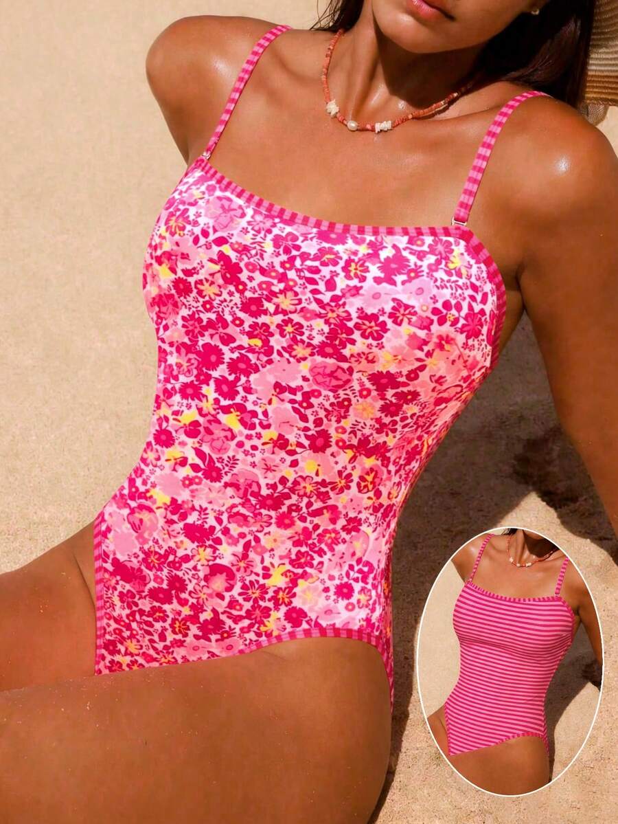 Swim Mod Baju Renang Monokini Seksi Motif Bunga Bolak-balik dengan Tali Bahu Tipis untuk Wanita, Cocok untuk Liburan Musim Panas. - MultiWarna - View 1