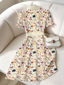 EMERY ROSE Đầm in họa tiết xuân/hè cho nữ, đầm tay phồng cổ bẻ cho nữ, đầm thắt eo cho nữ - Màu tím - Xem 2