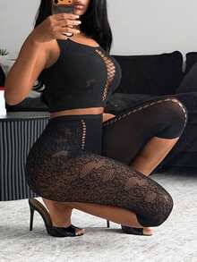 BamGleam Bộ đồ nữ gợi cảm gồm áo hai dây và quần legging màu trơn thiết kế khoét lỗ, chất liệu lưới. - màu đen - Xem 4