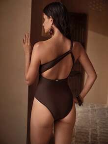 MOTF PREMIUM MINIMALIST ASYMMETRIC SHOULDER DESIGN HOLLOW BACK STRUCTURE ONE-PIECE SWIMSUIT FOR BEACH VACATION - Brown - View 1