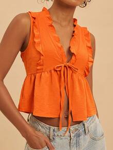 Travachic Women's Solid Color Pleated Tie Front Casual Boho Versatile Daily Wear Blouse Summer Holiday Outfits For Women Beach Orange Red - Orange - View 2