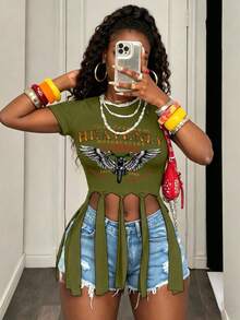 BamGleam Motorcycle Letter Print Cropped T-Shirt With Wing Hem Tassel - Green - View 7