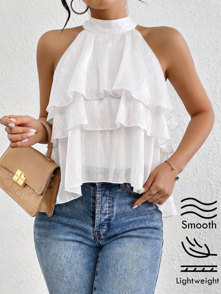Firerie Women's Summer Multi-Layer Ruffle Asymmetrical Chiffon Halter Top,Summer Top - White - View 1