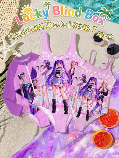 Cartoon Girl, Dopamine Colorful Ombre, K-Pop, Chill Chill, Young Girl Casual Minimalist One-Piece Swimsuit, Suitable For Summer