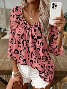 EMERY ROSE Women's Leopard Print Bohemian Style V-Neck Ruched Loose Blouse - Pink - View 4