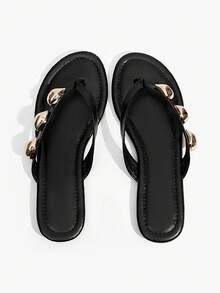 Grefit Ladies Elegant Summer Black PU Face Flat Bottom Angle Slippers - Black - View 5
