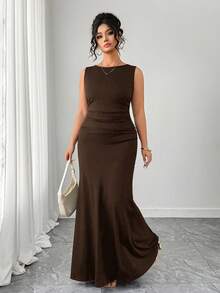 Elenzga Women's Elegant Sleeveless Round Neck A-Line Dress, Waist Ruched Design, Solid Knit Fabric - Coffee Brown - View 4