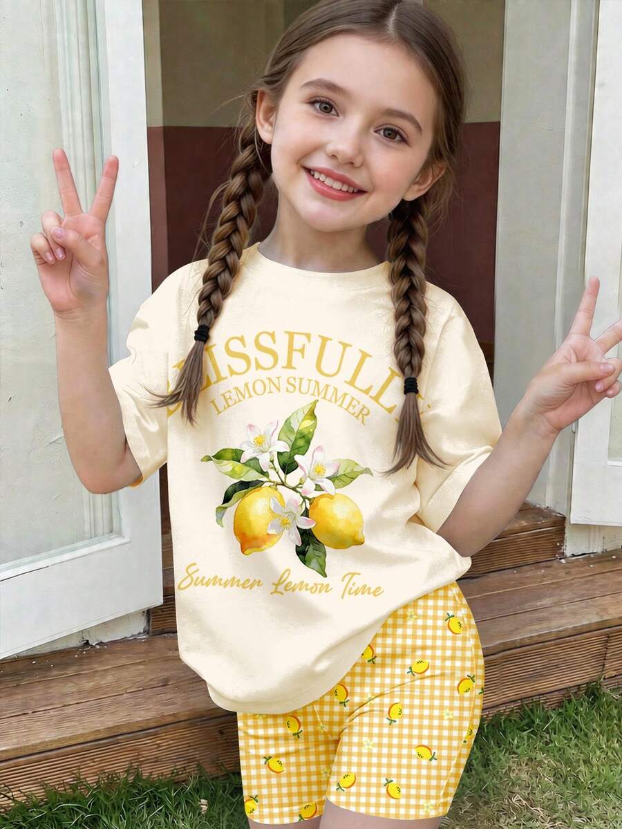 少女夏季甜美复古优雅奶油色柠檬树印花休闲简约短袖T恤和清新黄色格子印花骑行短裤两件套 - 彩色 - 查看 1