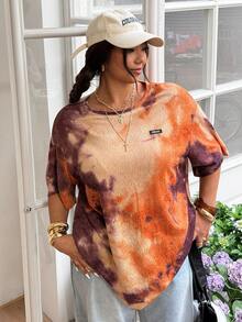 SHEIN EZwear 大码女式扎染印花圆领短袖休闲T恤 - 黑與白 - 查看 3