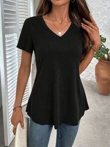 EMERY ROSE Plus Size Solid Half Sleeve Casual V Neck T-Shirt For Summer - Black - View 1