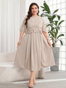 SHEIN Clasi Plus Size Women Solid Color Pleated Casual Party Dress - Khaki - View 4