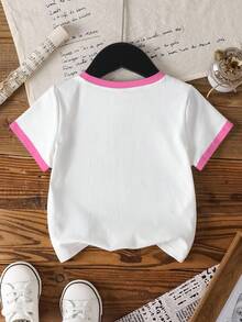 HELLO KITTY AND FRIENDS | SHEIN Young Girl Casual Cute Cartoon Letter Print Ringer Short Sleeve T-Shirt, Suitable For Daily Wear & Commuting, Summer - White - View 2