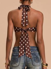 Travachic Polka Dot Print Satin Halter Neck Tie Top - Brown - View 6