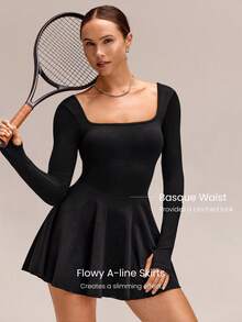 GLOWMODE Ultrafine Soft Seamless Square Neck Long Sleeve Crisscross Back Removable Cups Cinched Waist Dual Side Pockets Basque Waist A-Line Dress With Built-In - Black - View 3