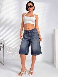 SHEIN 100%纯棉低腰水洗牛仔短裤 - 中等水洗藍 - 查看 5