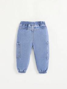 SHEIN Baby Boys' Casual Denim Jogger Pants With Elastic Cuffs - Light Wash - View 2
