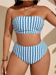 SHEIN Swim Curve Plus Size Women Casual Summer Striped Bikini Set - Multicolor - View 4
