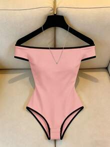 Nuevo body de mujer de hombros descubiertos de moda, minimalista y versátil, top blanco, body blanco, ajustado, adecuado para ir al trabajo, con encanto intelectual, atuendo de verano, ropa de primavera, playa, cumpleaños, salida, vacaciones, cas - Rosa - Ver 4
