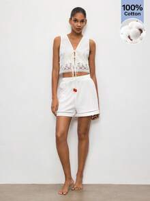 Maija Quần short nữ mùa hè, đính hạt cườm, có dây rút ở eo. - trắng - Xem 2