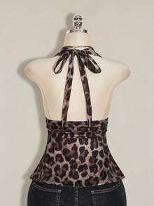SHEIN ICON Women's Leopard Print Halter Backless Tight Crop Top, Summer Streetwear,Summer Top - Multicolor - View 3