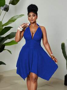 Maweii Elegantes Jacquard-Strick-Kleid in Große Größen für Damen, hochelastisches Material, Neckholder-Ausschnitt, Metallknopf-Dekor, Schleifenkragen, knitterresistent, taillierend, asymmetrischer Saum, rückenfreies Design, geeignet für Partys, Musikfestivals, Strandurlaub - Königsblau - Übersicht 5