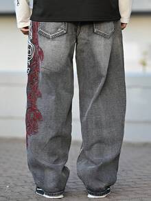Devon Thys 1pc Infinite Jeans Hong Kong Style High Street 3D Embroidery Floral Fashion Versatile Men's Washed Loose Wide Leg Jeans (Product Does Not Include Belt And Accessories) - Black - View 2