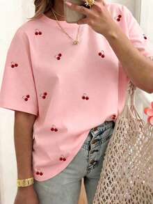 SHEIN CURVE+ 女士水果图案短袖T恤，休闲户外服，可爱T恤，家居服 - 彩色 - 查看 3