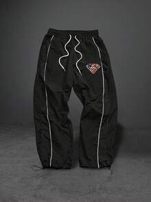 SUPERMAN X SHEIN Sport MetroGents Quần dài thể thao nam họa tiết in cờ Mỹ, eo dây rút, phong cách thường ngày - màu đen - Xem 1
