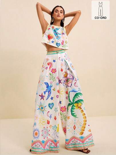 LOTSLUV Women's Spring/Summer Vacation, Coconut Tree, Bird, Diamond Element Vacation Colorful Print, Round Neck Sleeveless Cropped Loose Top And Wide Leg Pants Printed 2-Piece Set