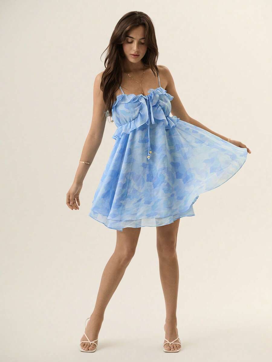 Willow Rêve Blue Floral Print Ruffle Hem Short Mini Dress Slip Dress For Women Vacation Summer Cute Sundress - Mint Blue - View 1
