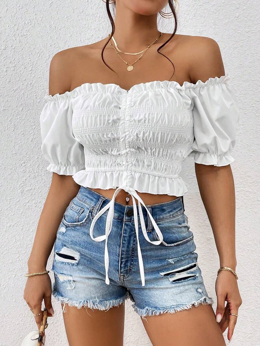 Sundraya Camisa crop de hombros descubiertos ribete fruncido con cordón delantero - Blanco - Ver 1
