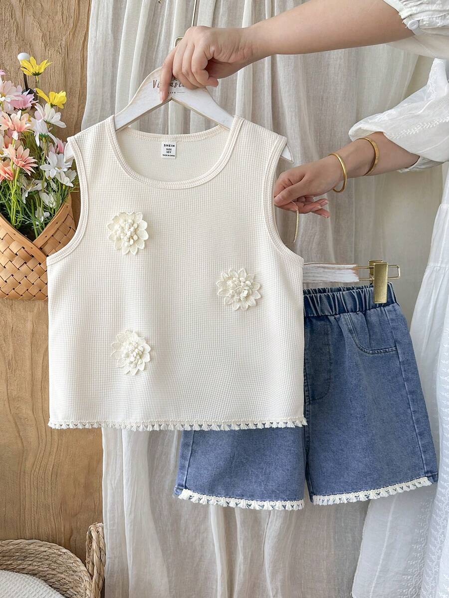 SHEIN Vintaside Kids 女童夏季圆领无袖简约休闲百搭背心搭配时尚百搭休闲水洗牛仔短裤套装,适合旅行、度假或日常休闲参加家庭聚会。 - 杏色 - 查看 1