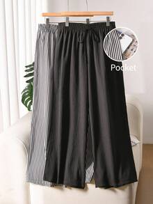 CosyJoli Plus Size Women Casual Curve Textured Chiffon Basic Straight Leg Pants Line Pleated Black Striped Wide-Leg For Formal Loungewear Summer - Multicolor - View 5
