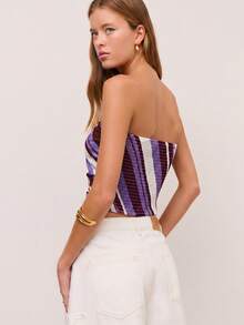 Nöista Bandeau Fitted Top With Stripes In Diagonal In Dark Purple, Asymmetrical Bottom Edge And Smock Stitching Part On The Back. Night Out Summer Sexy - Burgundy - View 2