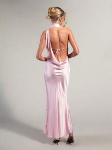 Rouah Effortless Elegance Sexy Stunning Pink Floral Satin Maxi Dress. Featuring A Unique High Neckline, Asymmetric One-Shoulder Design, And A Cowl Back - Multicolor - View 2