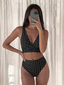 SHEIN Swim 女士夏季沙滩波点印花性感比基尼泳装套装，波点两件套比基尼套装，波点比基尼泳装，女士两件套波点比基尼泳装，波点比基尼套装 - 黑與白 - 查看 2