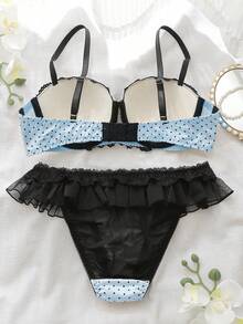 DelicateAllure Polka Dot Mesh Patchwork Lace Lingerie Set - Baby Blue - View 2